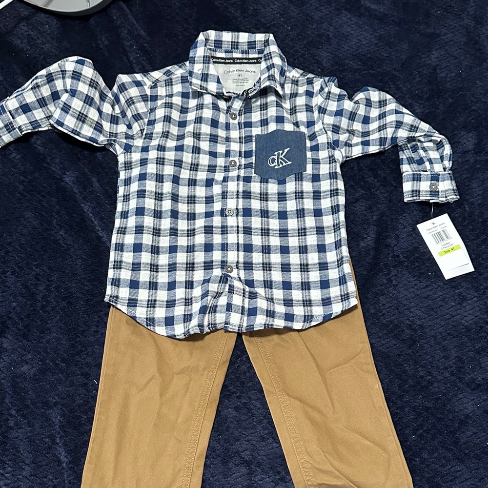 Calvin Klein Kids Blue and White Plaid Shirt with Khaki Pants